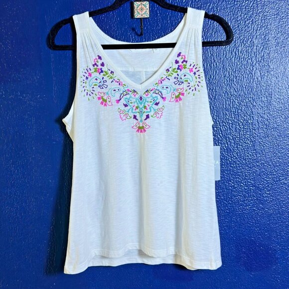 Athleta Talley Tank Top Floral Embroiled Cotton Breathable Summer Sz L - Picture 1 of 5